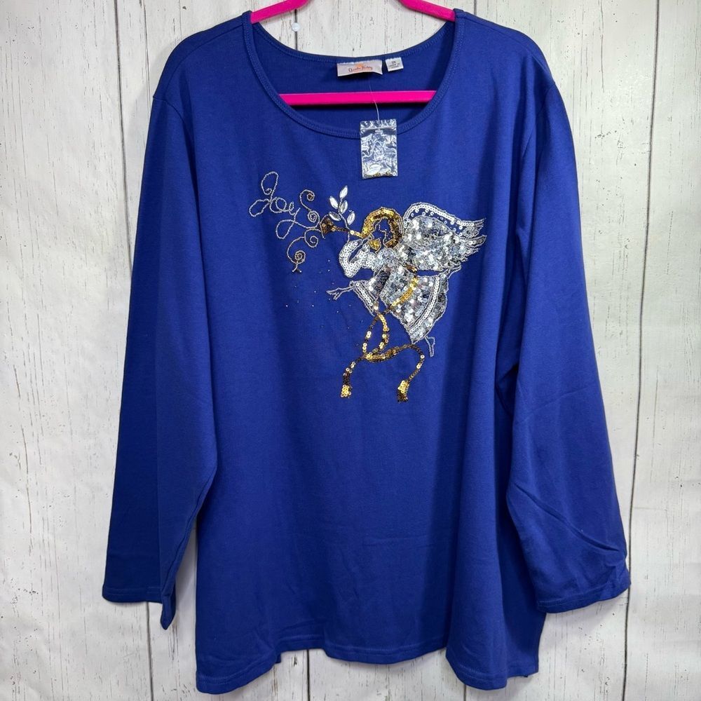 Quacker Factory Blue Sequin Angel Holiday Glam Top Festive Whimsical Sparklecore